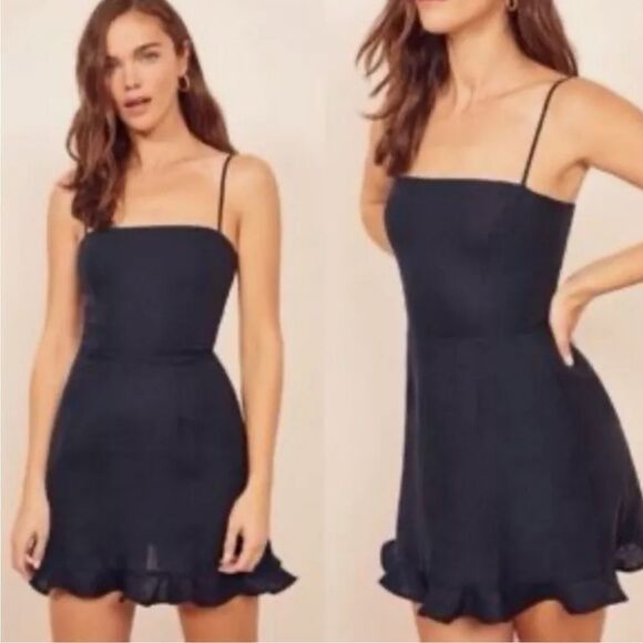 Reformation Kiernan Mini Ruffle Linen Navy Dress 8 - Picture 5 of 10